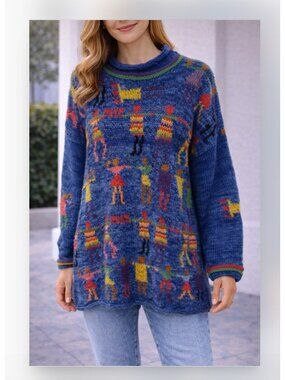 Toshy Colorful People Sweater Womens Large Blue Wool Mock Neck Knit Pullover
